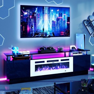 AOXUN Fireplace TV Stand with 36" Electric Fireplace, 70" 2 Tier TV Console Stand for TVs Up to 80", LED Light Entertainment Center, Fireplace, Black - 1 of 4