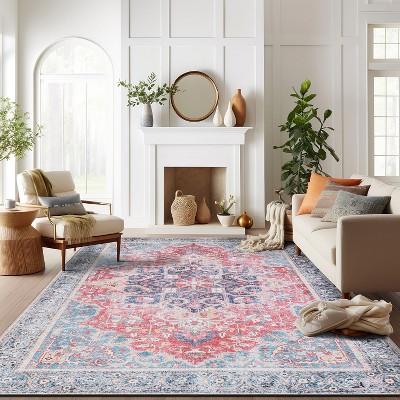 Red and Blue Synthetic Flat Woven Medallion Area Rug