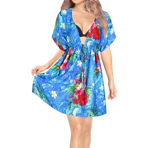 LA LEELA Women's Summer Mini Beach Tropical Dress Swimsuit V Neck Tops Cover Ups for Swimwear Women X-Large-XX-Large Blue, Floral - 1 of 4