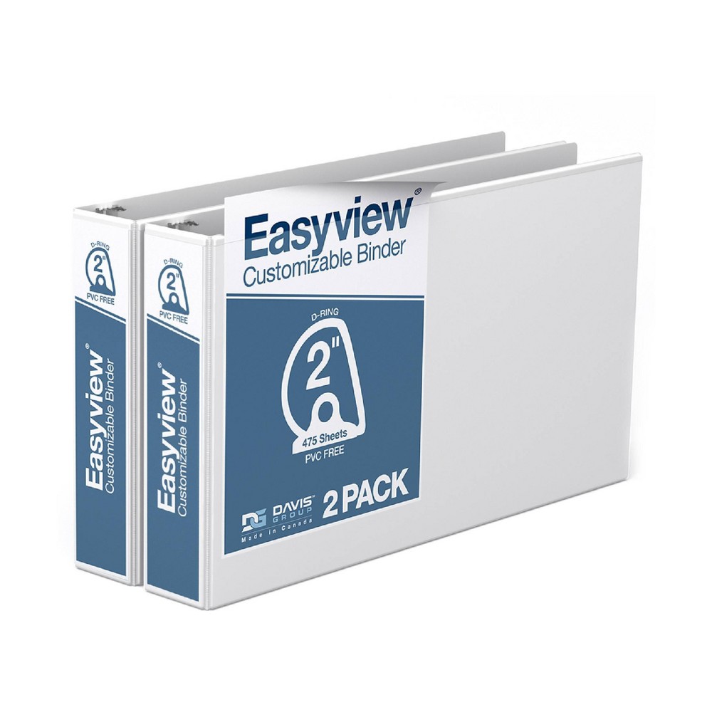 Easyview 2pk 2" Premium Angled D-Ring Binders 11x17" White: Polypropylene Hard Cover, 475 Sheet Capacity, 2 Pockets