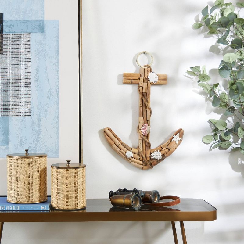 Wood Anchor Handmade Driftwood Inspired Wall Decor with Shell and Rope Accent Brown - Olivia &#38; May, 1 of 6