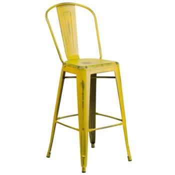 Emma and Oliver Commercial Grade 30"H Distressed Colorful Metal Indoor-Outdoor Barstool w/ Back