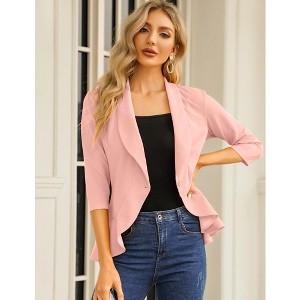 Womens Casual Blazer 3/4 Sleeve Open Front Ruffle Work Office Cardigan Suit Jacket Light Pink 2XL - 1 of 4