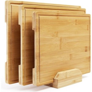 Bamboo Cutting Board Set of 3, Kitchen Chopping Board Set With Holder, Deep Juice Groove and Back Inner Handles for Meat, Vegetables & Fruit, 0.8" Th - 1 of 4