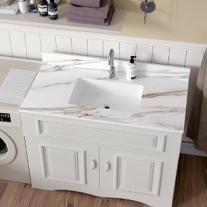 KWPZQEB Marble Vanity Top, with Undermount Rectangular Middle Sink and 4" Height Backsplash, 1 Predrilled Centerset, Carrara white with veins - 1 of 4