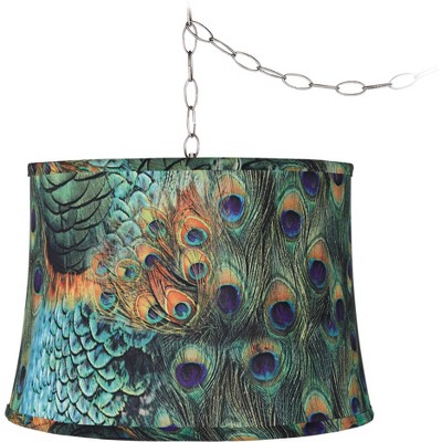 Possini Euro Design Peacock Print 16"W Brushed Nickel Plug-In Swag Chandelier