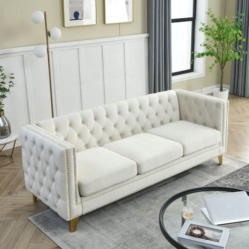 Living Room Modern Velvet Sofa With Button Tufted Square Arms And Metal Legs - ModernLuxe, 3 of 14
