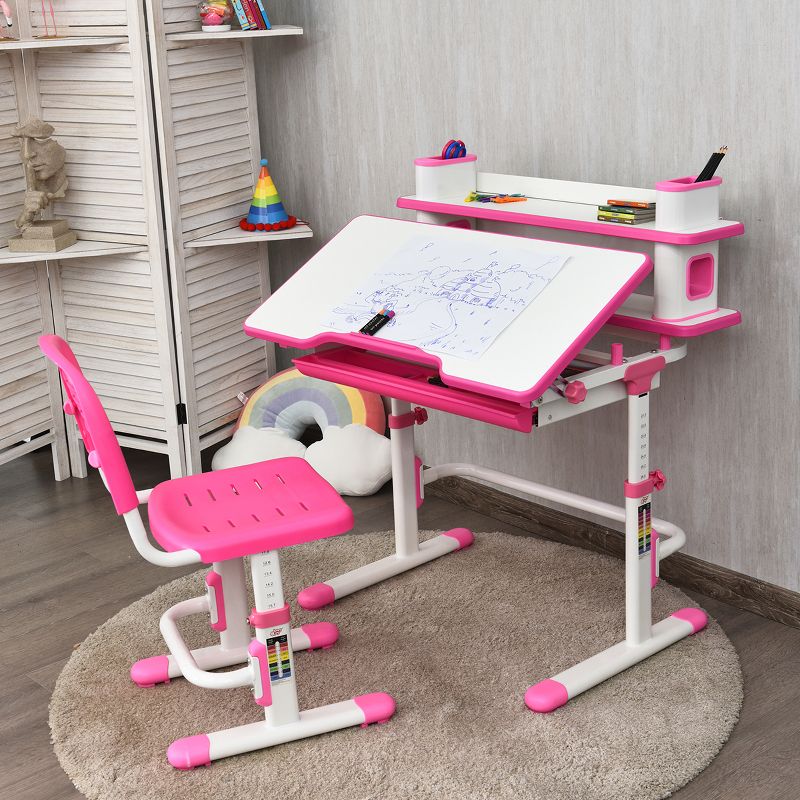Costway Kids Desk and Chair Set Height Adjustable Study Table with Storage Drawer, 3 of 11