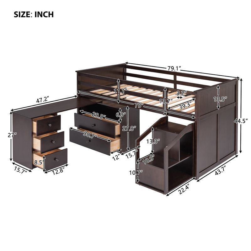 Twin Size Low Loft Bed With Storage Steps and Portable Desk-ModernLuxe, 4 of 14