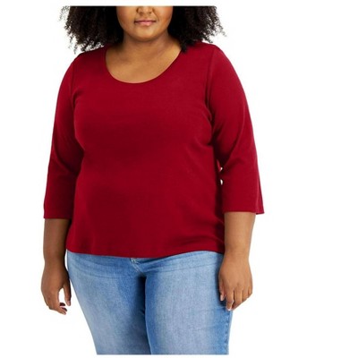 Tommy Hilfiger Womens Ribbed Trim Basic T-Shirt, Red, 0X