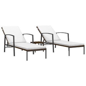 vidaXL 2 pcs Adjustable Sun Loungers with Table, Poly Rattan Brown with Cream White Cushion, Outdoor Garden Patio Furniture, Sturdy Steel Frame - 1 of 4
