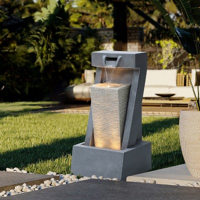 Gray Resin 2-Column Sculpture Outdoor Fountain with LED Lights