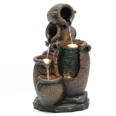 LuxenHome Rustic Brown Urns Resin Outdoor Fountain with Lights
