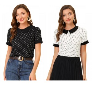Allegra K Women's Peter Pan Collar Keyhole Back Vintage Polka Dots Blouses 2 Packs - 1 of 4