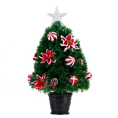 Nearly Natural 24-in Pre-Lit Fiber Optic Artificial Christmas Tree with Ornaments, Poinsettia and Star Topper