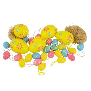 Northlight 29ct Painted Floral Spring Easter Egg Ornaments 3.25" - Yellow/Pink - 1 of 4
