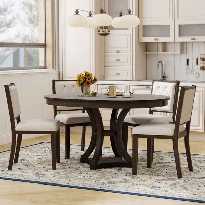 5 PCS Retro Dining Set, Extendable Round Table with Removable Leaf, Upholstered Rubberwood Chairs with Cushioned Backrests-Coolbibila
