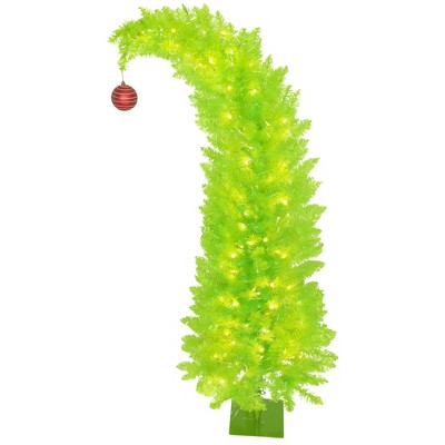 5 ft Bent Top Whimsical Christmas Tree, Pencil Xmas Tree with Red Ball, Metal Base, Prelit with 200 LED Lights