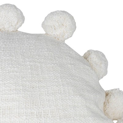 White Cotton Round Pillow with Pom Poms 16x16