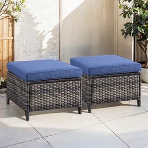 Buenhomino Patio Wicker Ottomans Set of 2, Multipurpose Outdoor Ottomans for Patio, Additional Seating, Footrest, Side Table, Removable Cushions - 1 of 4