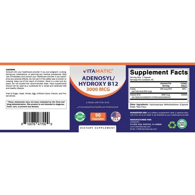 Vitamatic Adenosylcobalamin Hydroxocobalamin B12-3000 mcg with Folic Acid - 90 Capsules