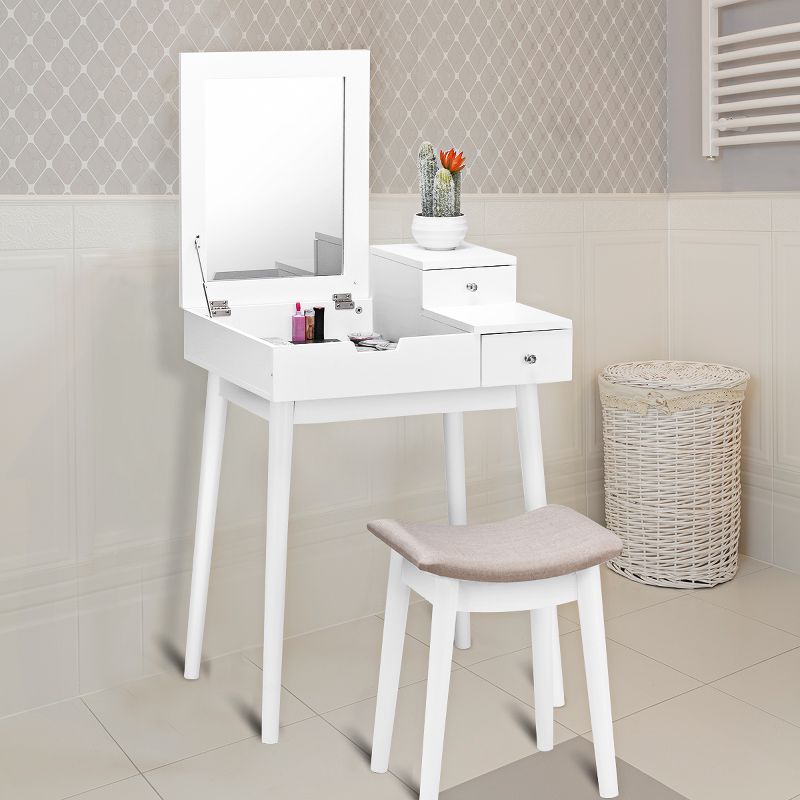 Tangkula Vanity 2 Drawers Dressing Table Set Flip-type Desktop with Mirror Stool White, 2 of 8