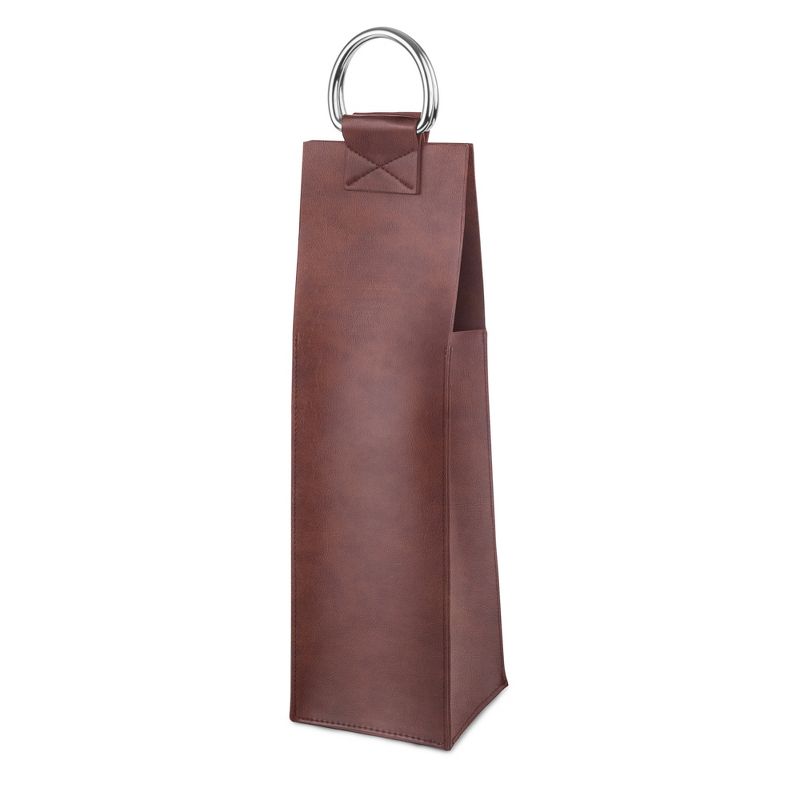 Viski Leather Wine Bag, Wine Gift Bag Faux Leather, Magnetic Closure, Stainless Steel Handle, Holds 1 Standard Wine Bottle, Brown, Set of 1, 4 of 8