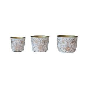 Storied Home Enameled Metal Planters with Floral Design, White and Gold Finish, Set of 3 - 1 of 1
