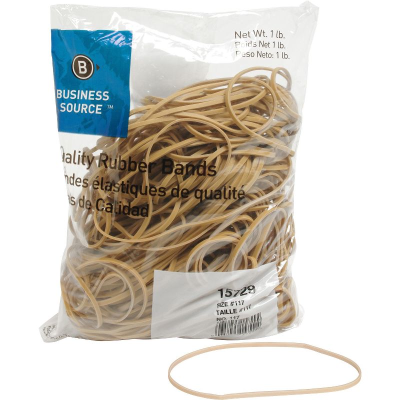 Business Source Rubber Bands Size 117B 1 lb. 200/Bag 7"x1/8" Natural Crepe 15729, 1 of 4