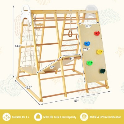 Natural Wood 8-in-1 Indoor Jungle Gym Playset with Slide