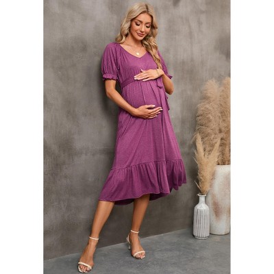 Womens Maternity Dress Summer V Neck Short Sleeve Ruffle Belted Baby Shower Dress