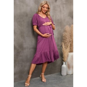 Womens Maternity Dress Summer V Neck Short Sleeve Ruffle Belted Baby Shower Dress - 1 of 4