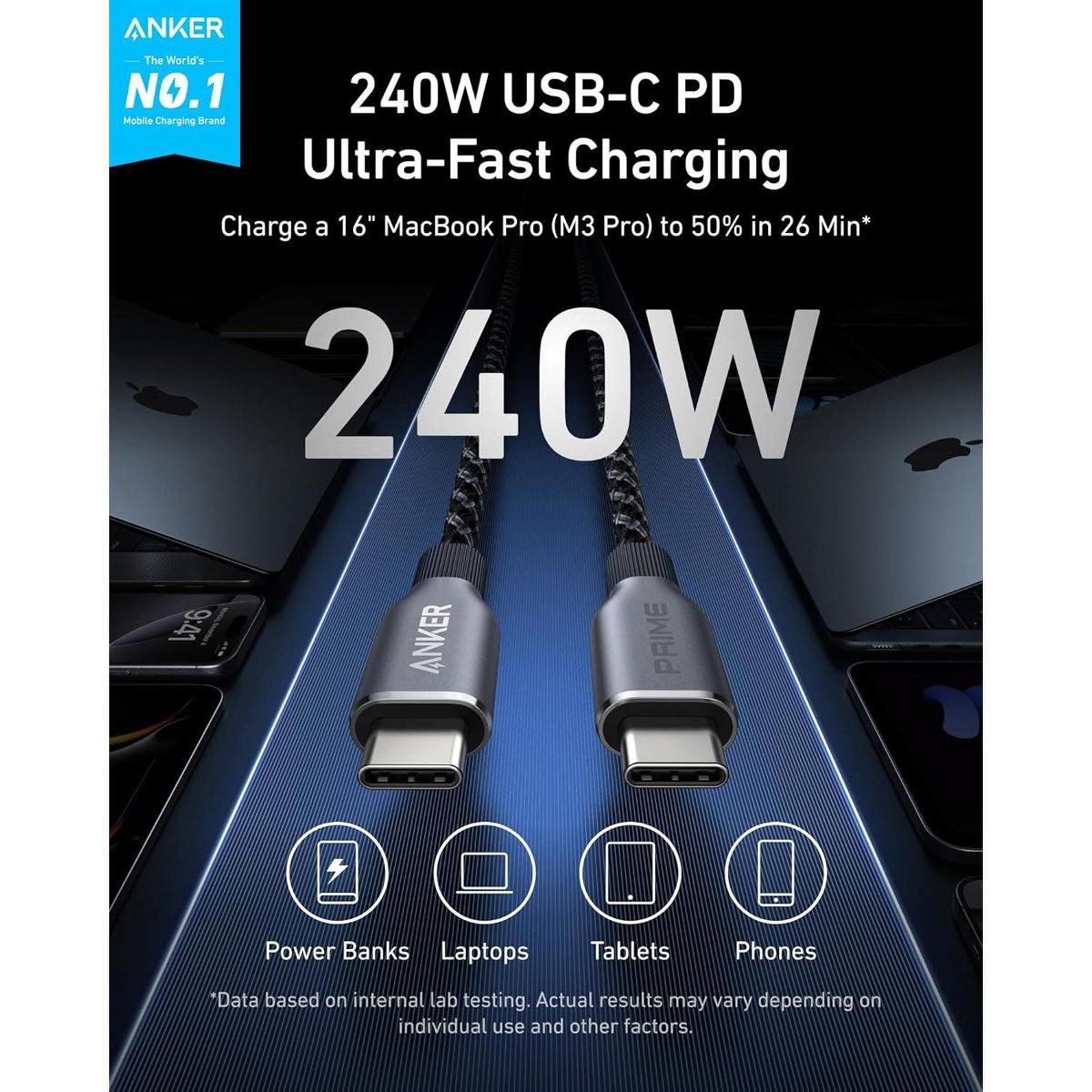 Anker Prime USB C to USB C Cable, 240W Fast Charging Cord - thumbnail 2