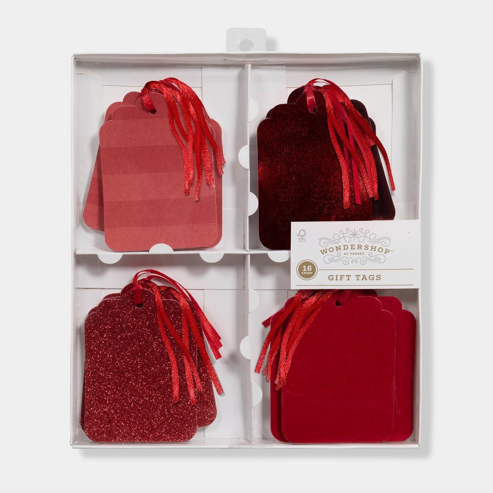 16ct Christmas Monochromatic Tie-On Gift Tags Red - Wondershop™