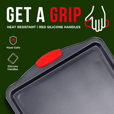 3-Piece Non-Stick Carbon Steel Baking Sheet Pan Set with Red Silicone Handles