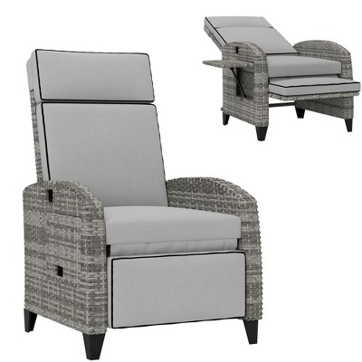 Outsunny Outdoor Recliner Chair with Cushions, PE Wicker Reclining Patio Lounge Chair with Adjustable Footrest, Armrests, Side Tray Table