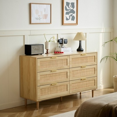 Angel Sar 51" Rattan Dresser for Bedroom, 6 Drawer Wide Dresser, Boho&Farmhouse Chest of Drawers, Metal Handle&Wood Legs, Wood