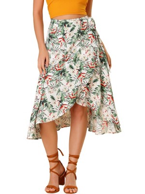 Allegra K Women's Tie Waist Hawaiian Tropical Floral Wrap Midi Skirt