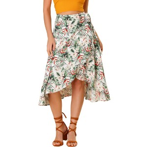 Allegra K Women's Tie Waist Hawaiian Tropical Floral Wrap Midi Skirt - 1 of 4
