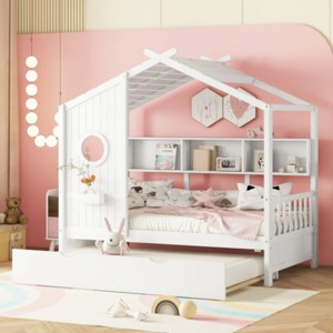 Wooden Kids House Bed With Sturdy Pinewood Frame, Modern Design for Child Play & Sleep with Storage and Trundle-Maison Boucle - 1 of 4