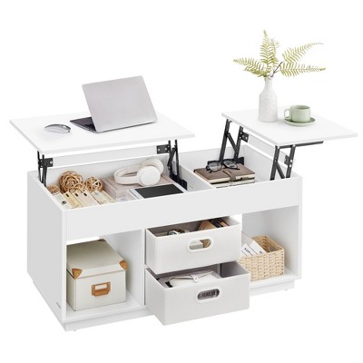 VASAGLE Coffee Table, Lift Top Coffee Table with 2 Drawers and Hidden Compartments, Center Table with Lift Tabletop, Open Compartments, Snow White