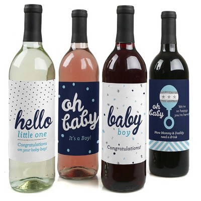 Big Dot of Happiness Hello Little One - Blue and Silver - Boy Baby Shower Gift Women and Men - Wine Bottle Label Stickers - Set of 4