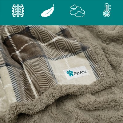 Large Plaid Taupe Waterproof Sherpa Fleece Outdoor Pet Blanket