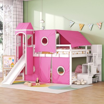 NicBex Full Size Bunk Bed Roof Shape Loft Bed Pine Bed Frame with Tower, Tent, Storage Stairs, Slide and Guardrail, No Box Spring Required