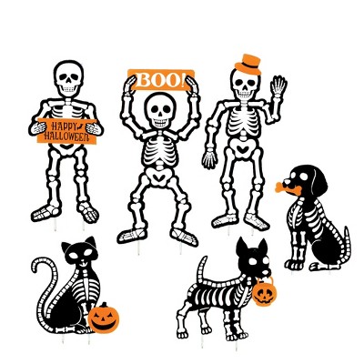 Collections Etc Dog and Cat Skeleton Outdoor Stake Halloween Decoration - Set of 6