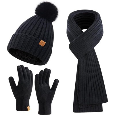 ZUPPAD Womens Long Scarf Gloves and Hat Set Cold Weather Hat Scarf Glove Set for Women Winter Beanie Hats with Pom Pom Hat and Glove Sets
