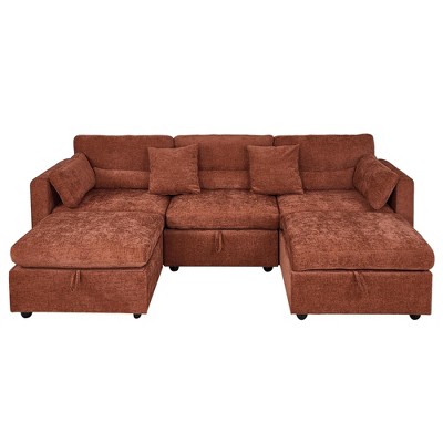 Chenille Upholstered Sectional Sofa, Modern 3-Seat Couch with Right Armrest, 2 Ottomans, Solid Wood & Hardware Feet, Easy Assembly