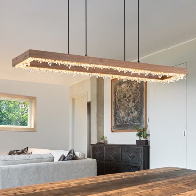 LLHZSY 47 1/5" Wood LED Linear Chandelier Kitchen Island Pendant Light with Crystal Accents