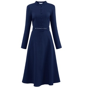 Hobemty Women's Vintage A-Line Mock Neck Long Sleeve Belted Work Flare Dress - 1 of 4