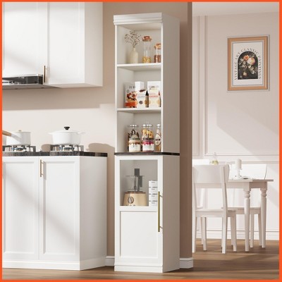 Narrow Bathroom Cabinet, 70" H Tall Slim Storage Cabinet with Glass Door and Open Shelves, Freestanding Storage Cabinets